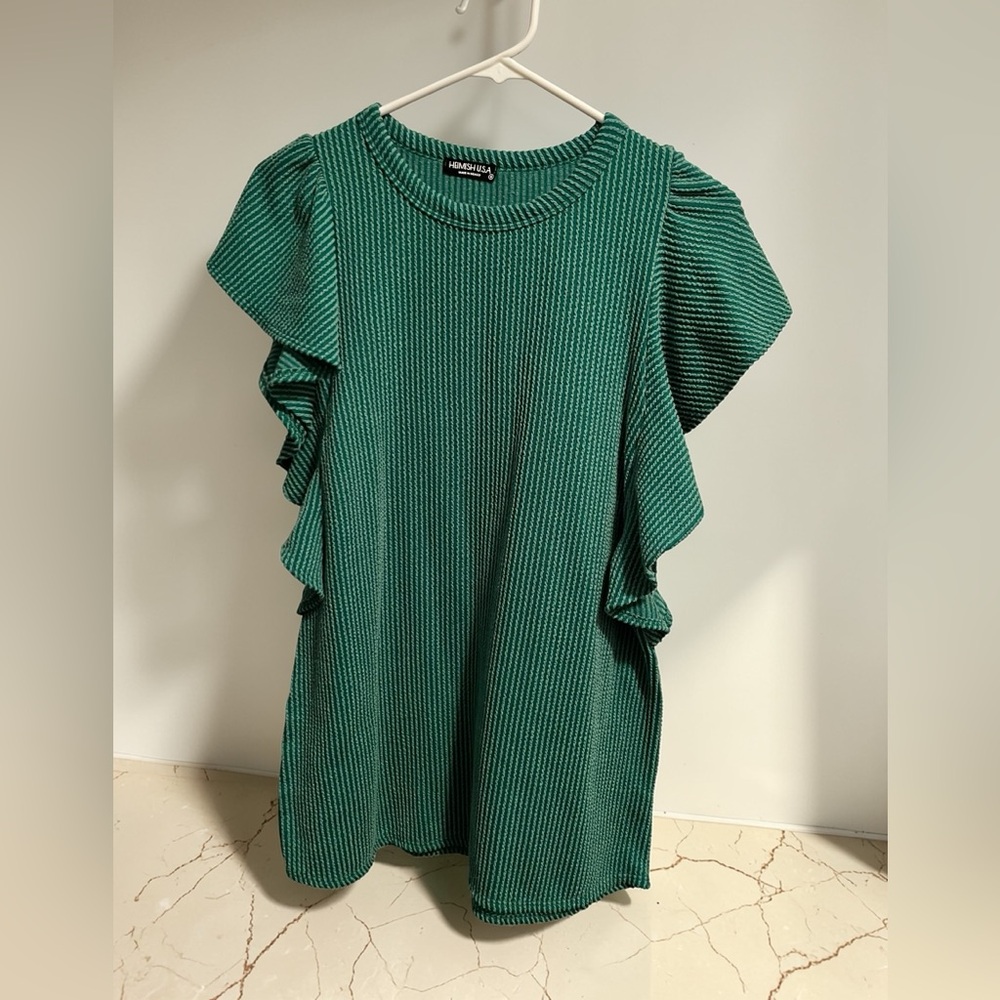 HEIMISH USA Teal Ribbed Knit Top with Ruffle Sleeves NWOT Size Womens Small